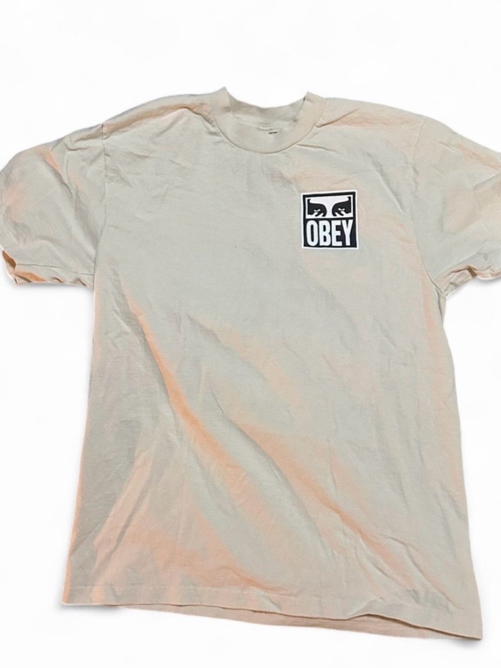 Obey Short-Sleeve Logo Tee in Beige with Black Patch